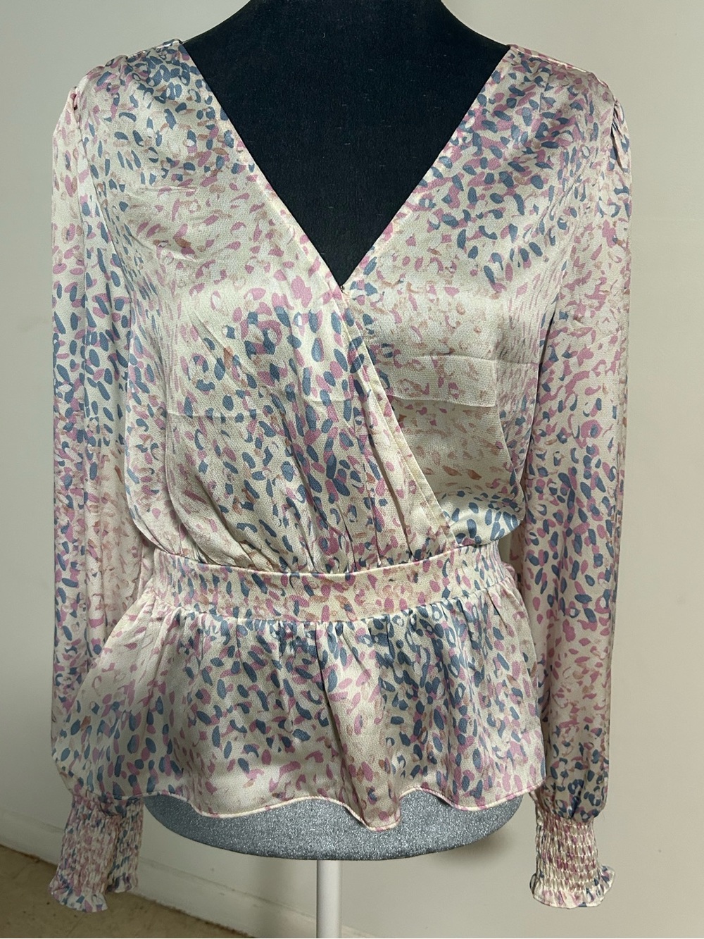 Express Cream Surplice Peplum Blouse with Pink & Blue Print